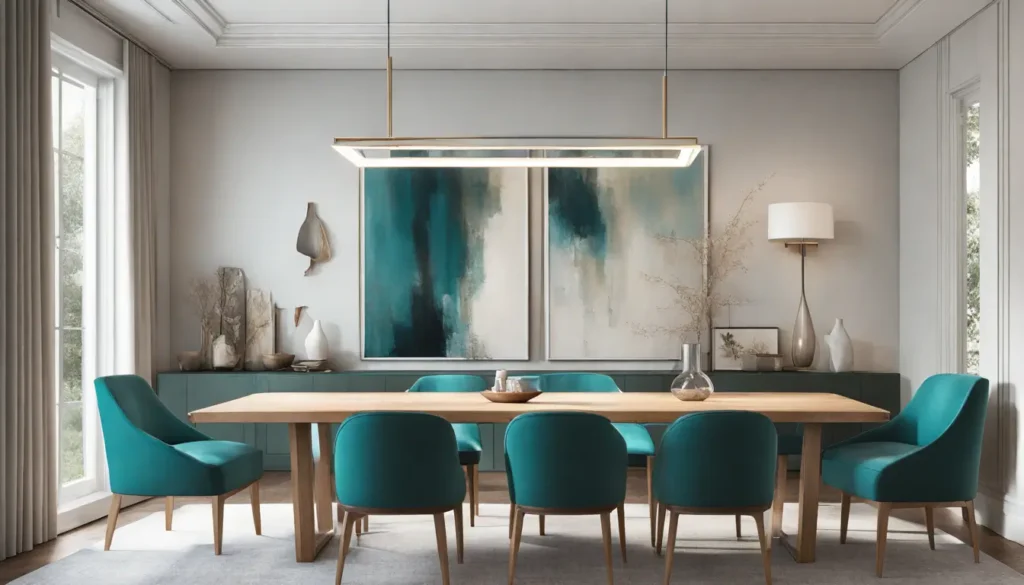 Sala de jantar moderna com mesa de madeira de carvalho e seis cadeiras estofadas em azul-petróleo, iluminação natural e uma pintura abstrata na parede.