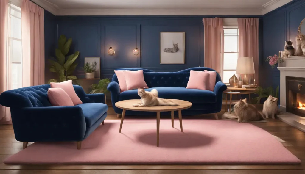 Imagem de um sofá de veludo azul para pets, uma torre de gato bege e uma cama redonda rosa em uma sala elegante com piso de madeira.