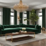 Sala de estar elegante com sofá de veludo verde-esmeralda, mesa de centro em nogueira, detalhes em latão e um grande lustre, ideal para escolha de móveis de alto padrão.