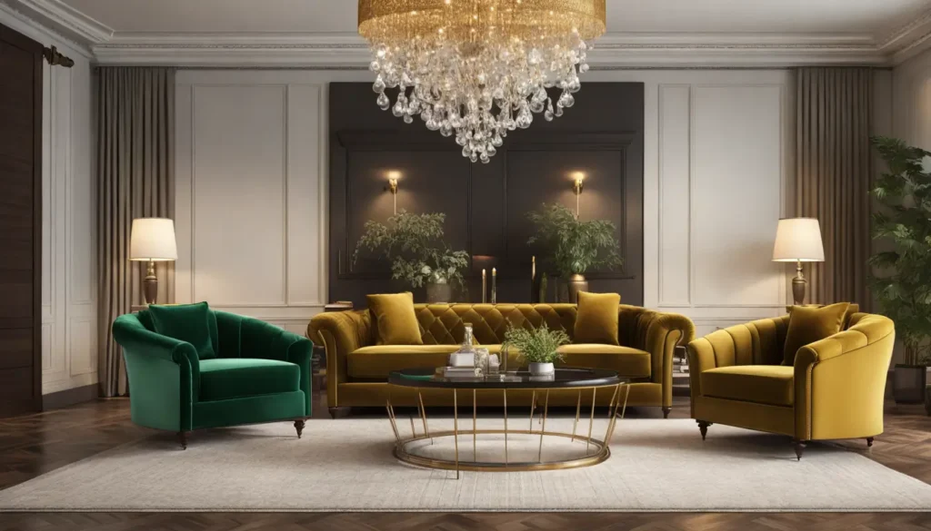 Três poltronas estilosas em veludo verde-esmeralda, couro marrom escuro e tecido amarelo-mostarda, em uma sala de estar elegante.