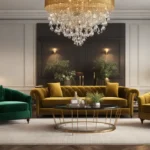 Três poltronas estilosas em veludo verde-esmeralda, couro marrom escuro e tecido amarelo-mostarda, em uma sala de estar elegante.