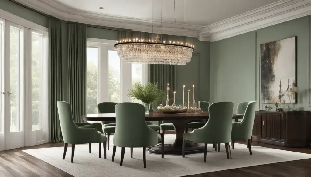 Uma sala de jantar elegante com mesa de madeira oval, cadeiras de veludo verde, lustre de vidro e janelas com cortinas transparentes.