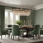 Uma sala de jantar elegante com mesa de madeira oval, cadeiras de veludo verde, lustre de vidro e janelas com cortinas transparentes.