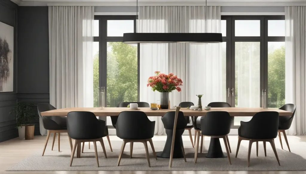 Sala de jantar moderna com mesa de madeira, cadeiras pretas e vaso de flores coloridas sob um lustre minimalista.