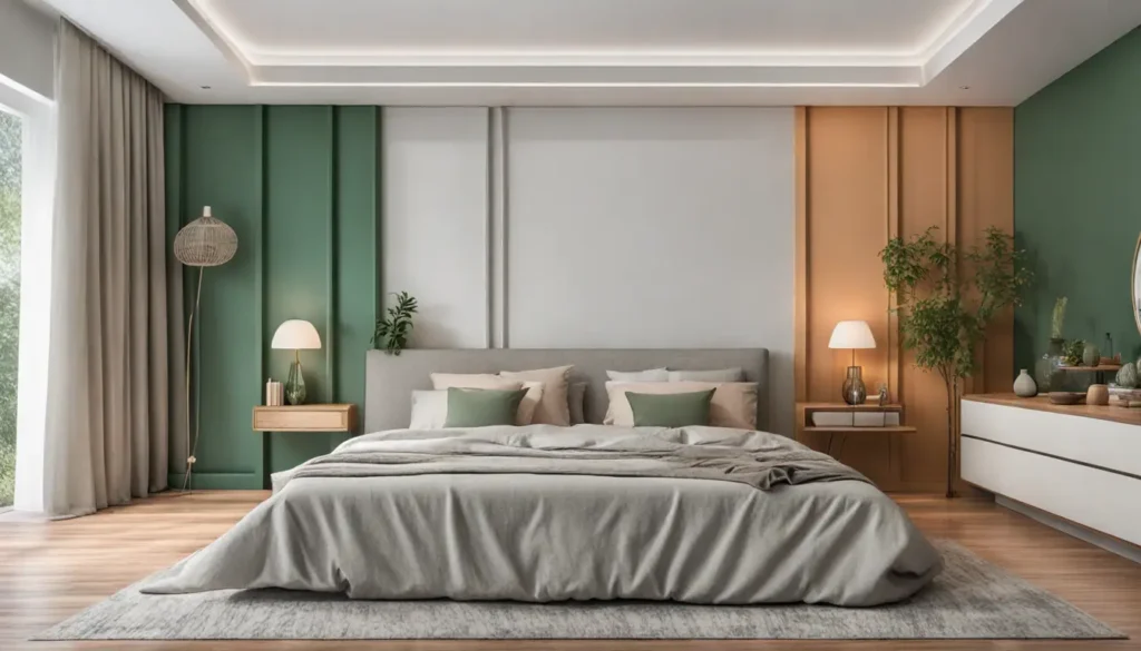 Quarto com cama de casal branca, almofadas coloridas, mesa de cabeceira de madeira, abajur moderno, planta verde e cortinas cinza.