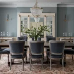 Sala de jantar elegante com mesa de madeira, cadeiras de veludo azul, lustre de cristal e aparador de mármore.