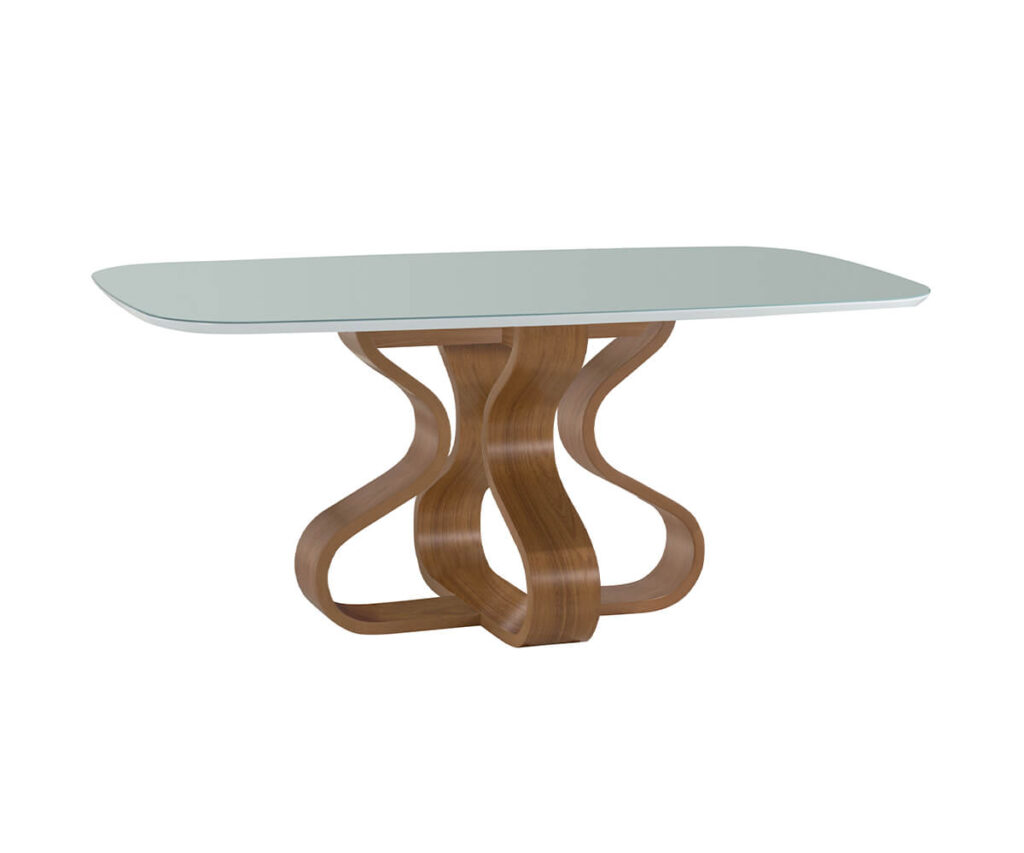 Mesa retangular com tampo branco e base de madeira