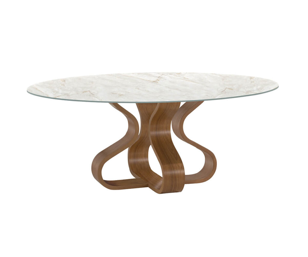 Mesa circular com tampo branco e base de madeira curvada
